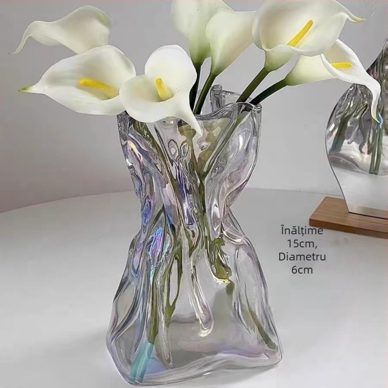 Vază din sticlă transparentă, asimetrică, în stil minimalist, pentru decorul sufrageriei și aranjamente florale