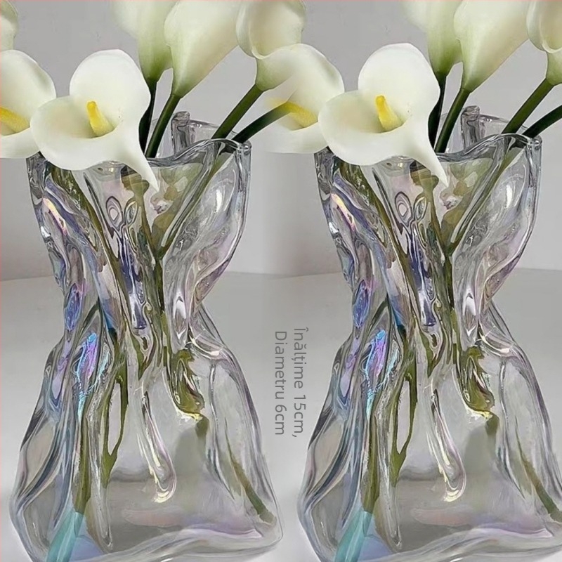 Vază din sticlă transparentă, asimetrică, în stil minimalist, pentru decorul sufrageriei și aranjamente florale