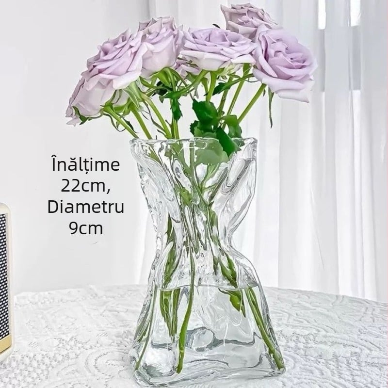 Vază din sticlă transparentă, asimetrică, în stil minimalist, pentru decorul sufrageriei și aranjamente florale