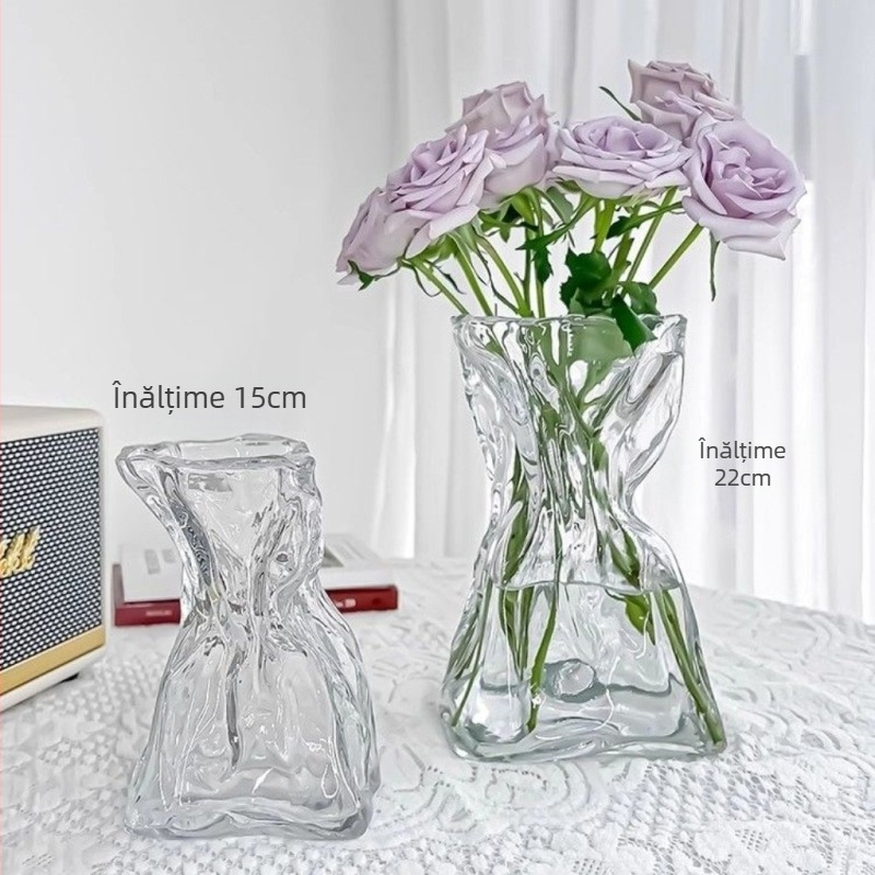 Vază din sticlă transparentă, asimetrică, în stil minimalist, pentru decorul sufrageriei și aranjamente florale