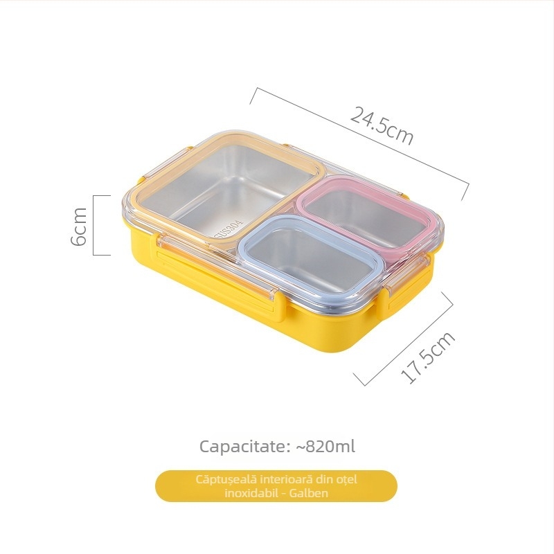 Cutie pentru prânz din oțel inoxidabil, compatibilă cu cuptorul cu microunde, formă dreptunghiulară, capacitate 1–2 L, include tacâm (lingură)