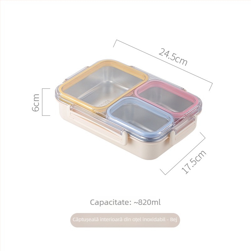 Cutie pentru prânz din oțel inoxidabil, compatibilă cu cuptorul cu microunde, formă dreptunghiulară, capacitate 1–2 L, include tacâm (lingură)