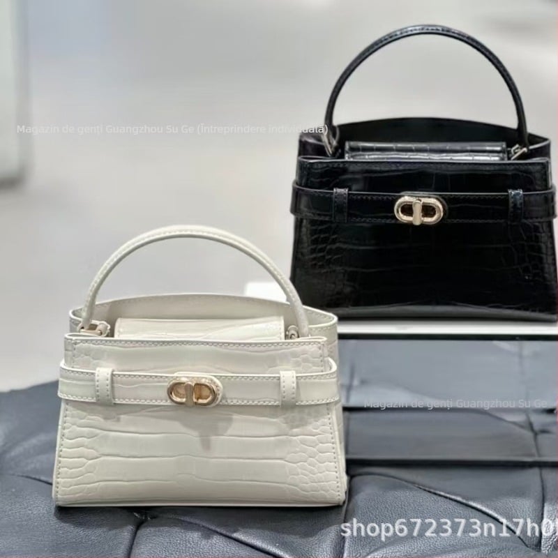 Geantă Kelly în stil 2026, cu model crocodil și detalii metalice, mică, de mână sau de umăr, elegantă și la modă