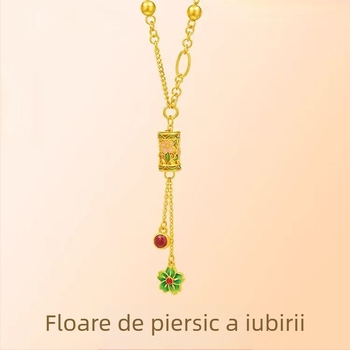 Colier placat cu aur, cu motiv de floare de piersică, petale filigranate, ciucuri, lanț AB