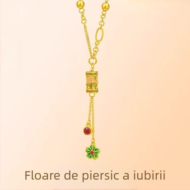 Colier placat cu aur, cu motiv de floare de piersică, petale filigranate, ciucuri, lanț AB