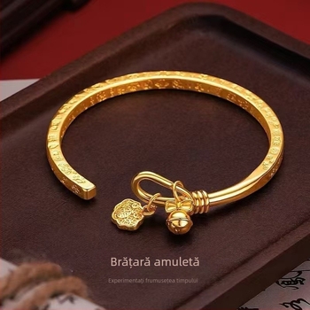 Brățară cu pandantiv într-o nuanță aurie, cuvinte norocoase, stil chinoiserie, brățară deschisă cu charm pentru longevitate
