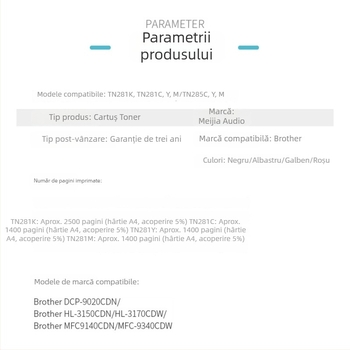 TN281/285 cartuș toner pentru Brother DCP-9020CN, HL-3150CDN, HL-3170CDWD – Capacitate mare, 2500 pagini