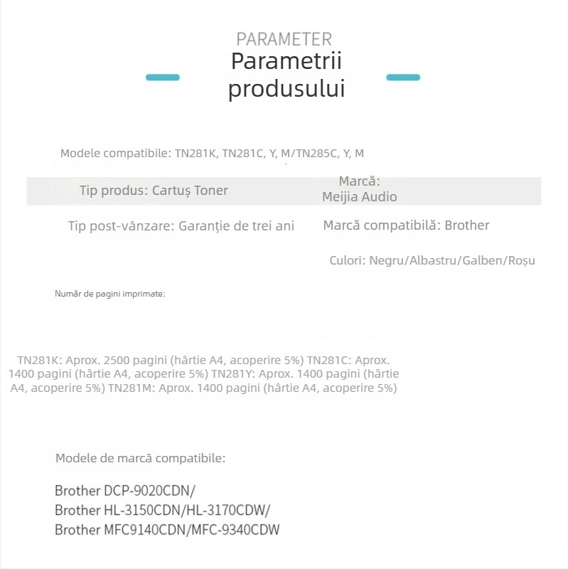 TN281/285 cartuș toner pentru Brother DCP-9020CN, HL-3150CDN, HL-3170CDWD – Capacitate mare, 2500 pagini