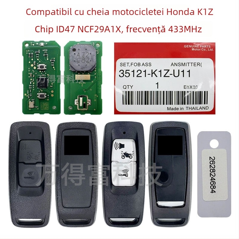 Cheie de telecomandă aftermarket pentru Honda K1Z motocicletă, cip ID47, 433 MHz, negru și alb, cu două taste.