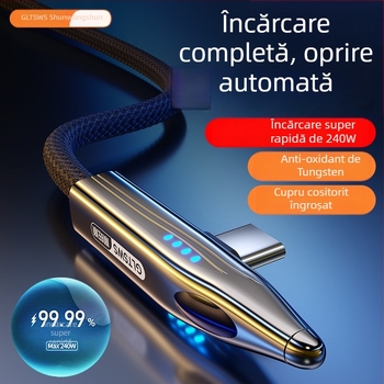 Cablu USB-C cu unghi drept de 90°, 240W, încărcare rapidă Huawei Type-C și transfer de date pentru OnePlus, cablu împletit cu indicator luminos, lungime 1-2 m
