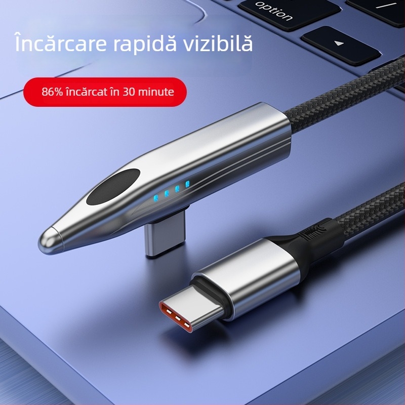 Cablu USB-C cu unghi drept de 90°, 240W, încărcare rapidă Huawei Type-C și transfer de date pentru OnePlus, cablu împletit cu indicator luminos, lungime 1-2 m