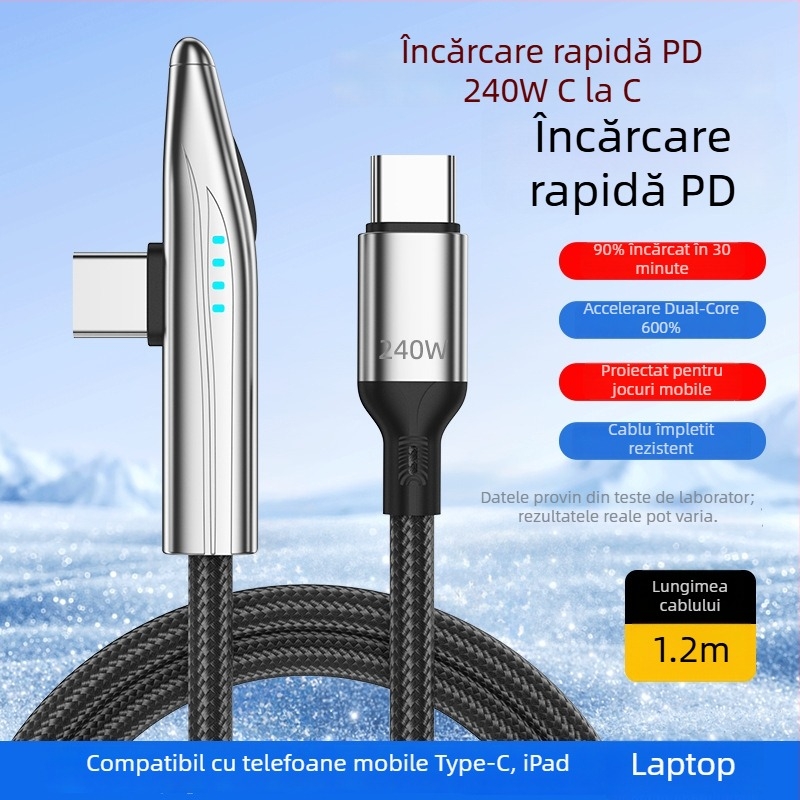 Cablu USB-C cu unghi drept de 90°, 240W, încărcare rapidă Huawei Type-C și transfer de date pentru OnePlus, cablu împletit cu indicator luminos, lungime 1-2 m