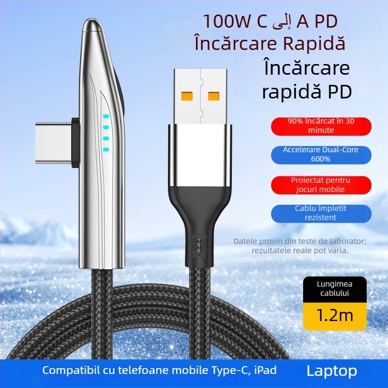 Cablu USB-C cu unghi drept de 90°, 240W, încărcare rapidă Huawei Type-C și transfer de date pentru OnePlus, cablu împletit cu indicator luminos, lungime 1-2 m
