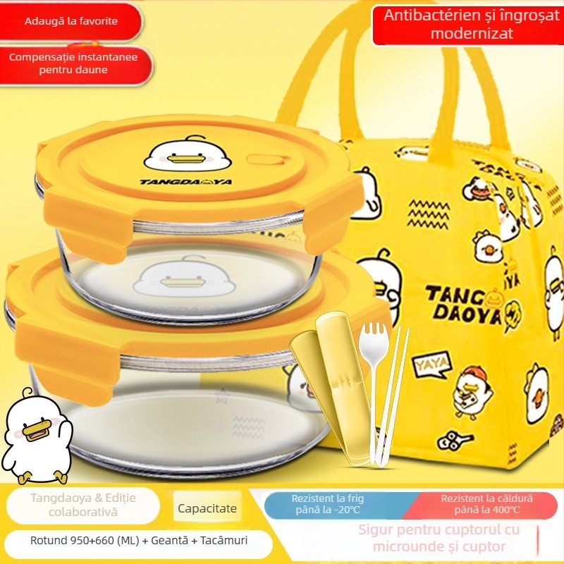 Cutie rotundă de prânz din sticlă, cu capac, compatibilă cu microunde, 800–1000 ml, portabilă pentru birou și studenți