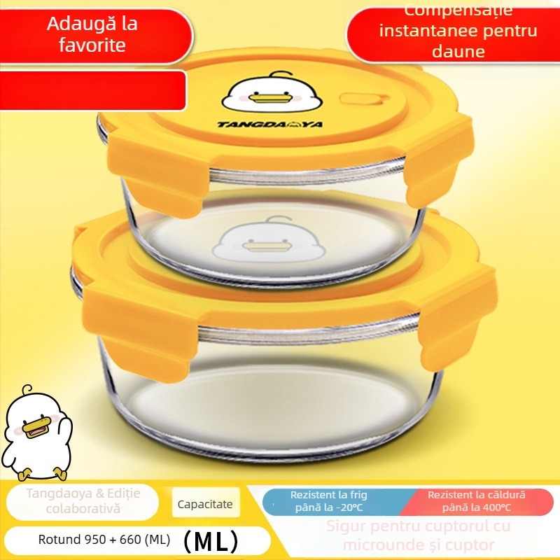 Cutie rotundă de prânz din sticlă, cu capac, compatibilă cu microunde, 800–1000 ml, portabilă pentru birou și studenți