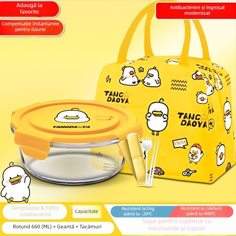 Cutie rotundă de prânz din sticlă, cu capac, compatibilă cu microunde, 800–1000 ml, portabilă pentru birou și studenți