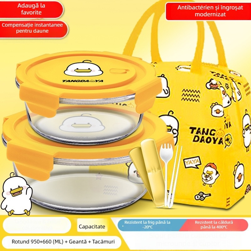 Cutie rotundă de prânz din sticlă, cu capac, compatibilă cu microunde, 800–1000 ml, portabilă pentru birou și studenți