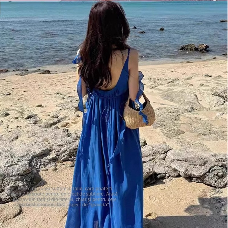 Rochie albastră fără mâneci, cu bretele, lungă, de vară, în stil franțuzesc, pentru stațiune la malul mării