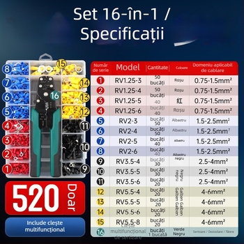 Terminal RV tip O, izolat, sertizabil la rece, nas rotund din cupru, kit DIY de clește