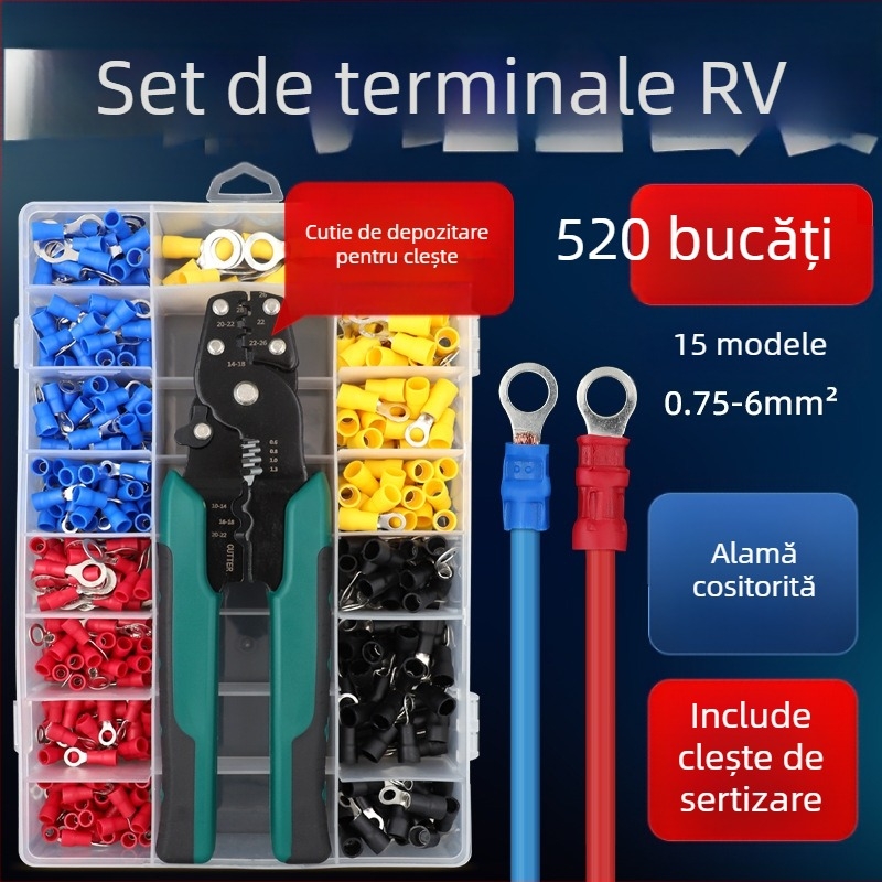 Terminal RV tip O, izolat, sertizabil la rece, nas rotund din cupru, kit DIY de clește