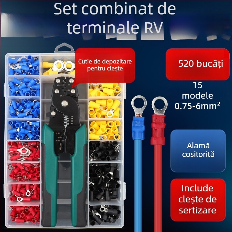 Terminal RV tip O, izolat, sertizabil la rece, nas rotund din cupru, kit DIY de clește