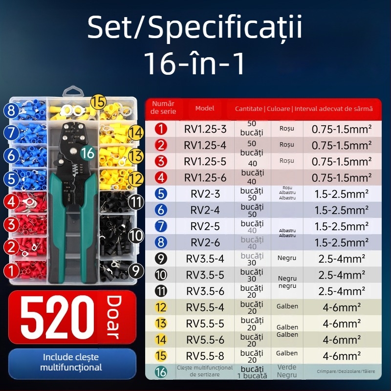 Terminal RV tip O, izolat, sertizabil la rece, nas rotund din cupru, kit DIY de clește