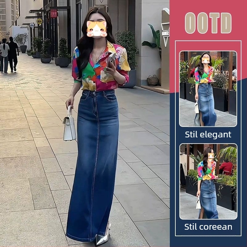 2025 Set: cămașă cu mâneci lungi în imprimeu floral în contrast și fustă din denim cu talie înaltă