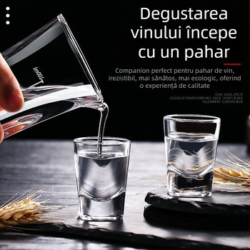 Set din sticlă cu decantor și pahare mici pătrate, dozator de băuturi, bază groasă