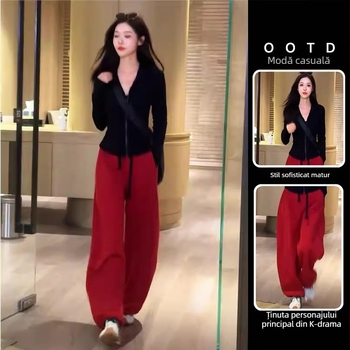 Compleu cardigan în stil coreean pentru femei, rever negru, set sport casual din două piese pentru primăvară și toamnă 2025.