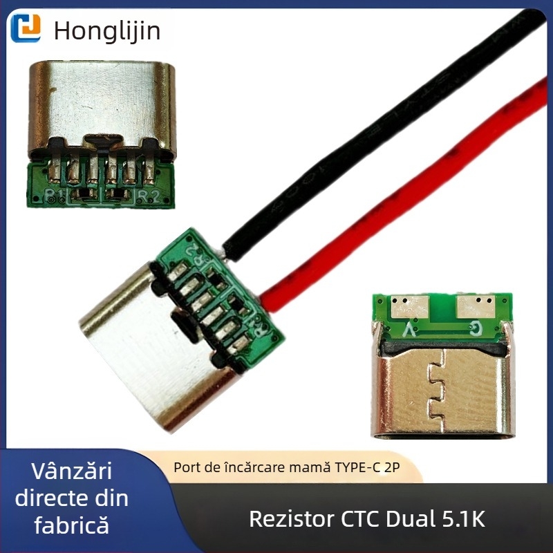 Conector feminin Type-C pentru lipire, 2 pini, rezistențe duale de 5,1 kΩ, încărcare USB, rezistent la temperaturi înalte