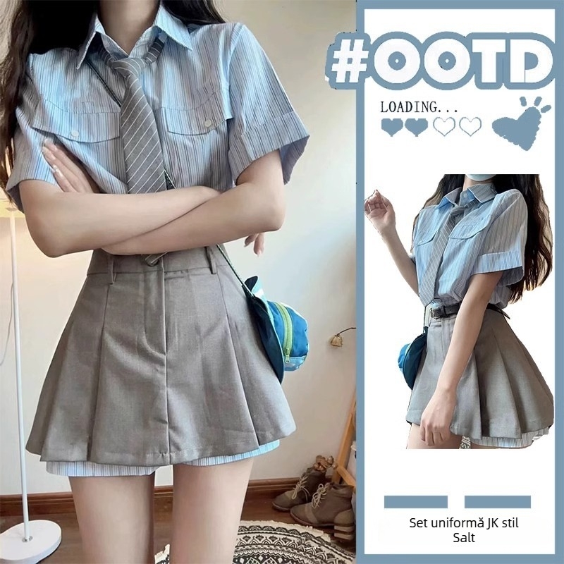 Set feminin: rochie-bluză cu dungi, stil colegial, uniformă JK, inspirație japoneză/coreeană, fustă plisată scurtă.