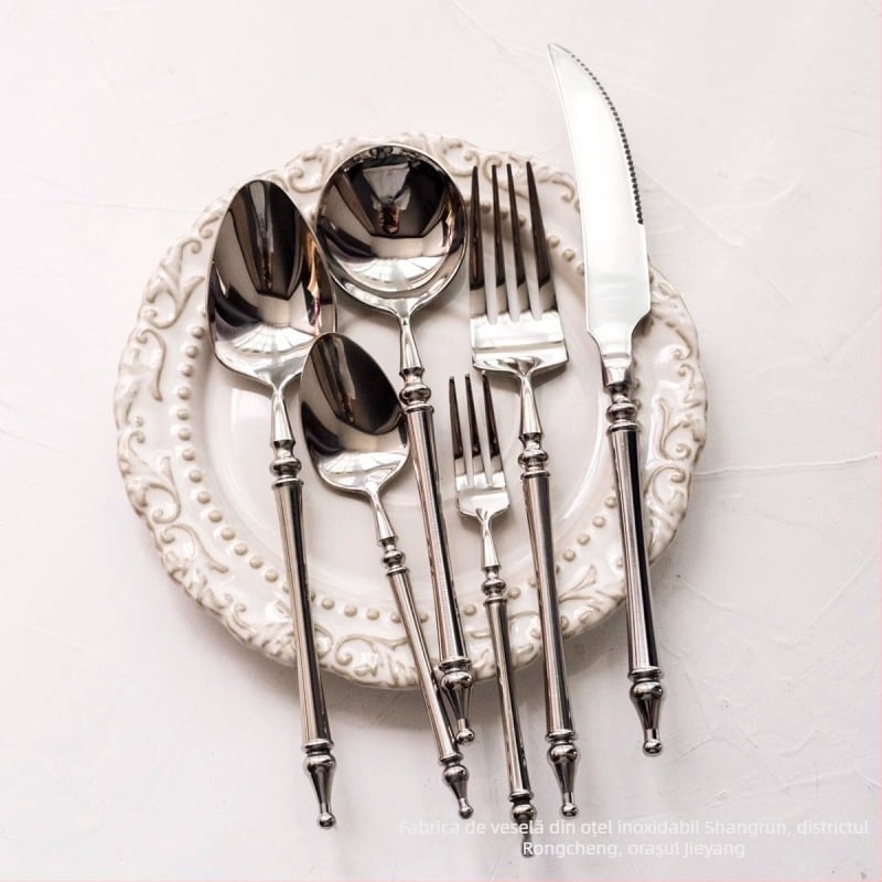 Set tacâmuri din oțel inoxidabil 304, stil european, cuțit, furculă și lingură, pentru bucătărie occidentală, aspect retro restaurant