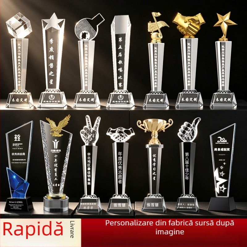 Trofeu de cristal cu bază metalică și din lemn, premiu gravat pentru angajat exemplar