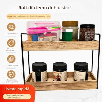 Raft din lemn cu două etaje pentru depozitare în bucătărie și organizare de cosmetice pe birou în cămin