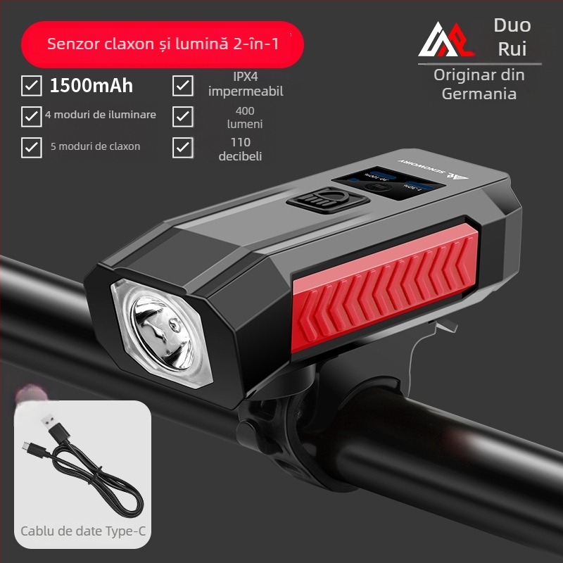 Sharp lumină frontală pentru bicicletă, cu senzor inductiv, impermeabil, claxon puternic, pentru ciclism montan nocturn