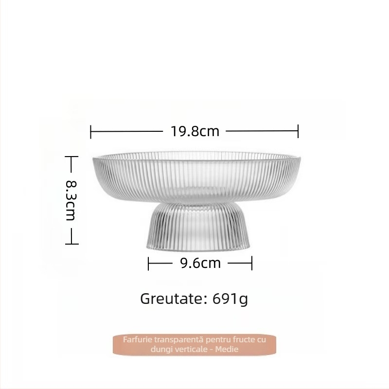 Farfurie de fructe din sticlă înaltă, cu dungi verticale, margine aurie, capacitate mare, design minimalist, obiect decorativ în stil IG
