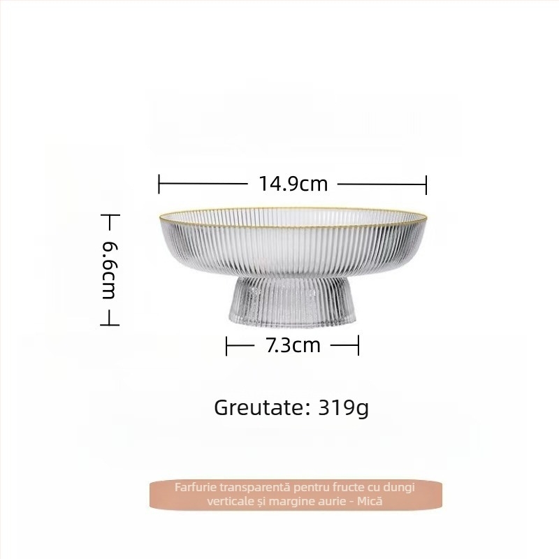 Farfurie de fructe din sticlă înaltă, cu dungi verticale, margine aurie, capacitate mare, design minimalist, obiect decorativ în stil IG