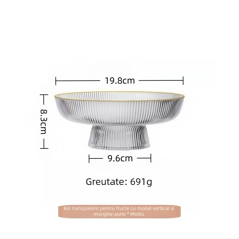 Farfurie de fructe din sticlă înaltă, cu dungi verticale, margine aurie, capacitate mare, design minimalist, obiect decorativ în stil IG