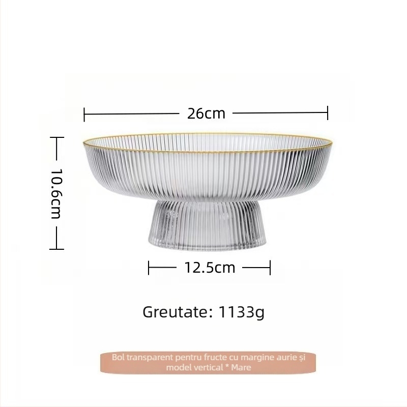 Farfurie de fructe din sticlă înaltă, cu dungi verticale, margine aurie, capacitate mare, design minimalist, obiect decorativ în stil IG