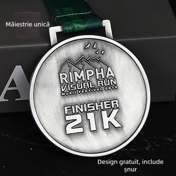 Medalie metalică personalizată pentru maraton și eveniment sportiv, cu finisaj emailat și electroplacare