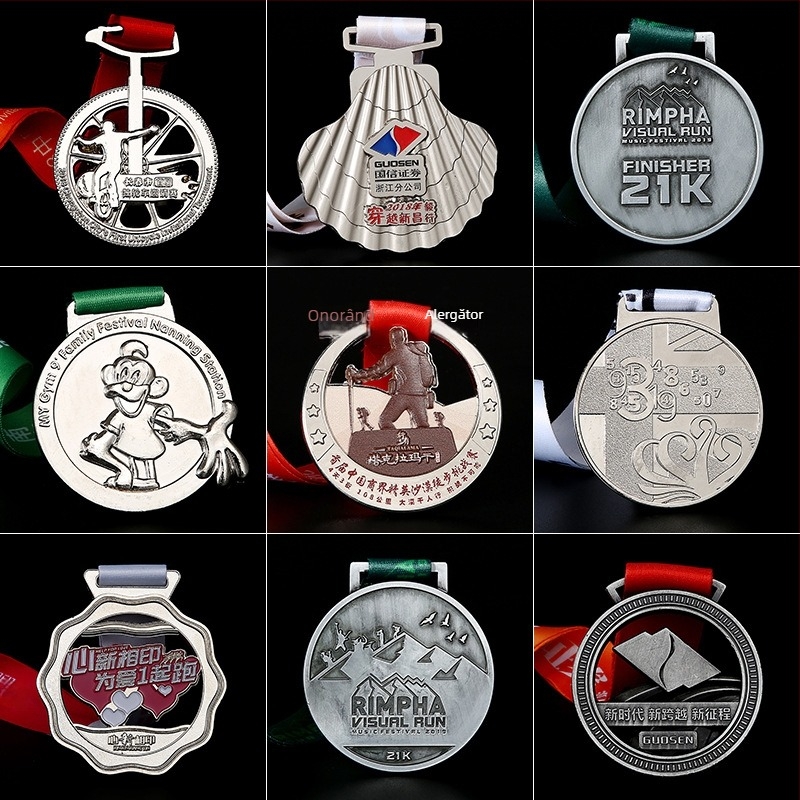 Medalie metalică personalizată pentru maraton și eveniment sportiv, cu finisaj emailat și electroplacare