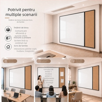 tablă emailată cu suprafețe: albă, neagră și plută; magnetică pentru birou și tablă de desen pentru copii, personalizabilă la orice dimensiune