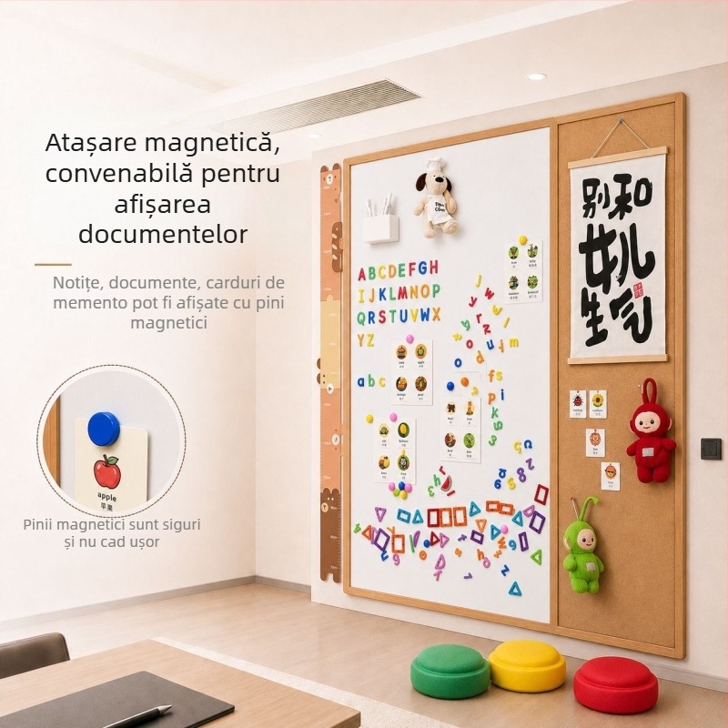 tablă emailată cu suprafețe: albă, neagră și plută; magnetică pentru birou și tablă de desen pentru copii, personalizabilă la orice dimensiune
