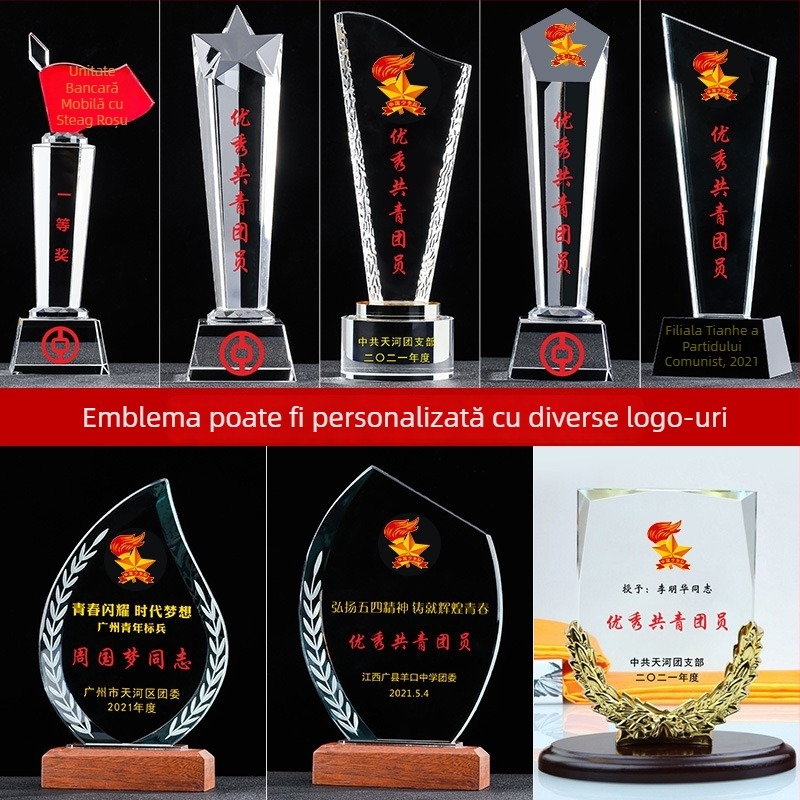 Trofeu de cristal – Membru creativ al partidului, post de pionier, cu motiv de steag roșu, personalizabil pentru unitate deosebită
