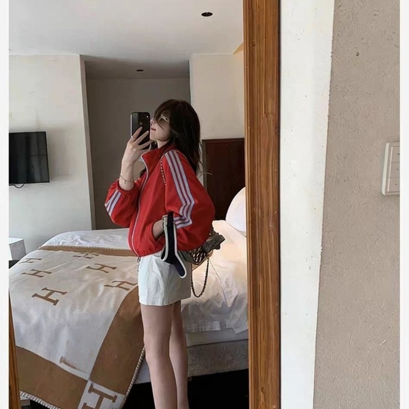 Jachetă UV pentru femei, cu guler înalt, dungi laterale în trei linii și design color-block, fermoar, subțire