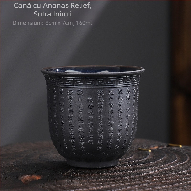 Ceasca de ceai ceramică chinezească în stil retro, cu motiv Sutra a Inimii.
