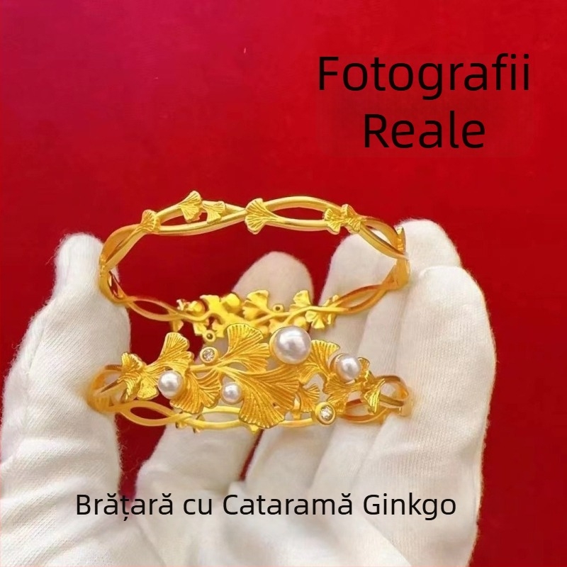 Brățară cu frunză de ginko, ton auriu, pentru femei, cu inserții de diamante și perle, design deschis