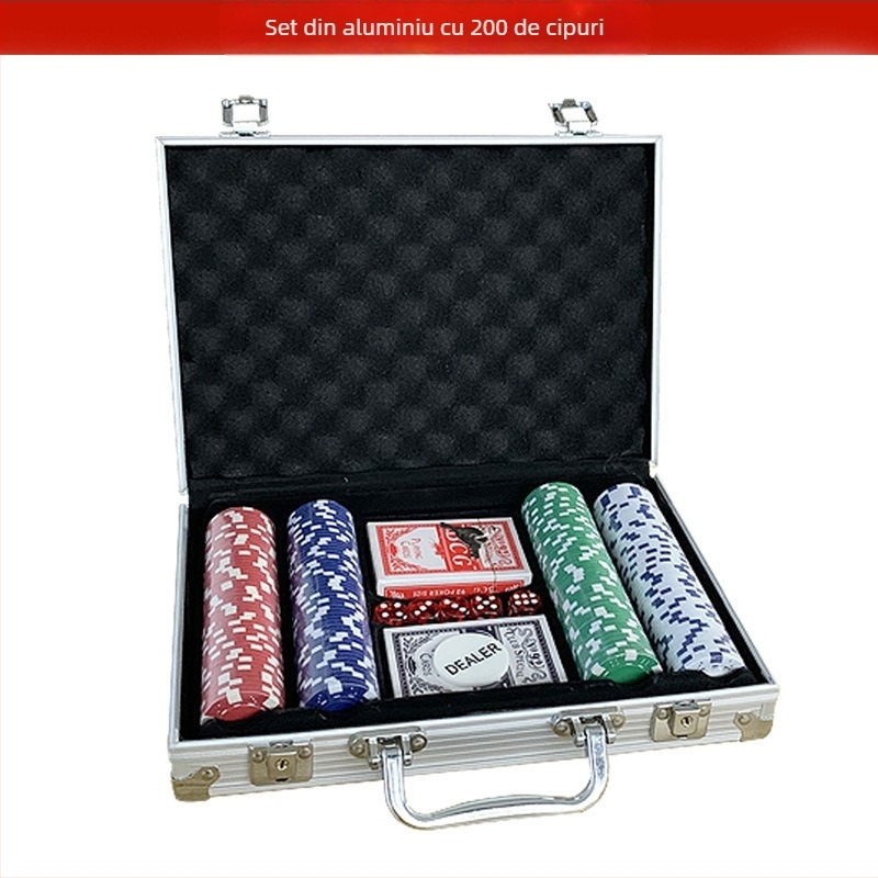Set de chipuri pentru poker Texas Hold'em cu zaruri, husă din aluminiu cu lacăt, 100/200/300/500 chipuri