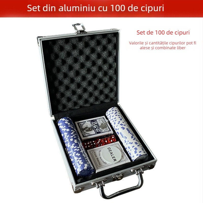 Set de chipuri pentru poker Texas Hold'em cu zaruri, husă din aluminiu cu lacăt, 100/200/300/500 chipuri