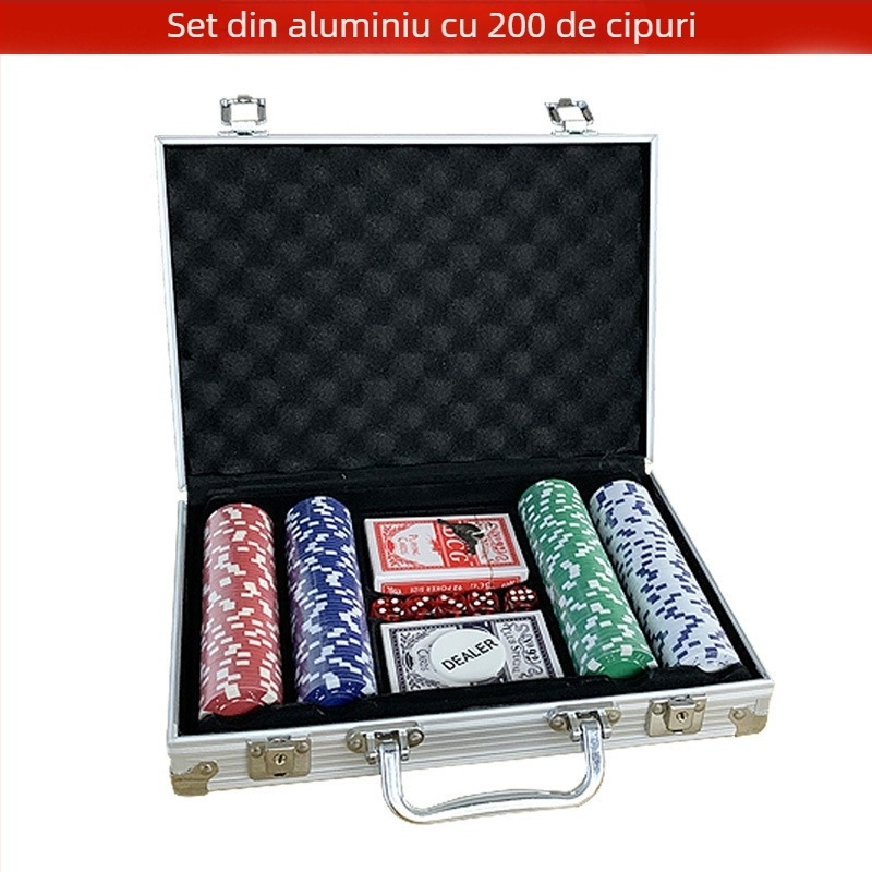 Set de chipuri pentru poker Texas Hold'em cu zaruri, husă din aluminiu cu lacăt, 100/200/300/500 chipuri